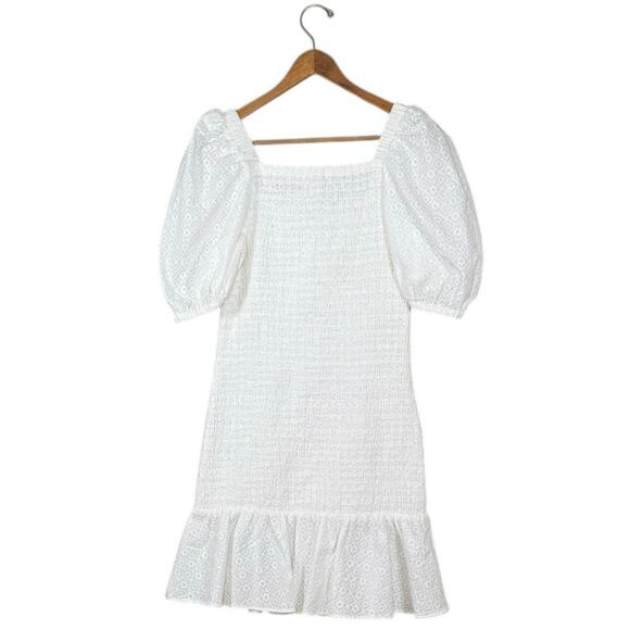 NWOT Rachel Parcell Cotton White Puff Sleeve Smocked Mini Dress | Ruffle Hem | L - Picture 11 of 12